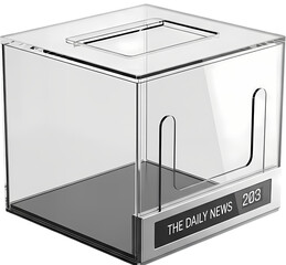 Transparent ballot box for voting, placed on a table in a public space with people discussing nearby