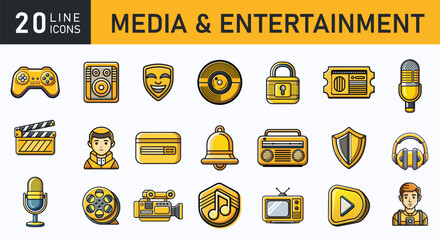 20 Media and Entertainment Line Icons – Music, Video, Game Controller, Microphone, Film, Headphones, Radio, TV Symbols