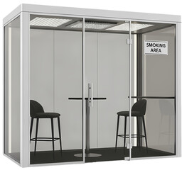 Modern smoking area design featuring glass walls, minimalist furniture, and a clear sign, set indoors