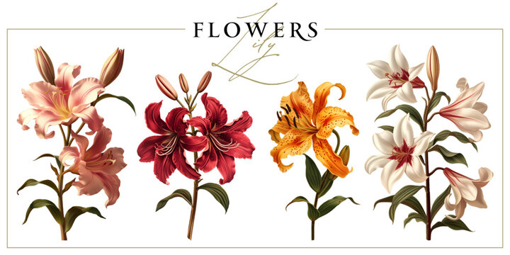 Colorful lily flowers isolated on a white background. Vintage painting style illustration.