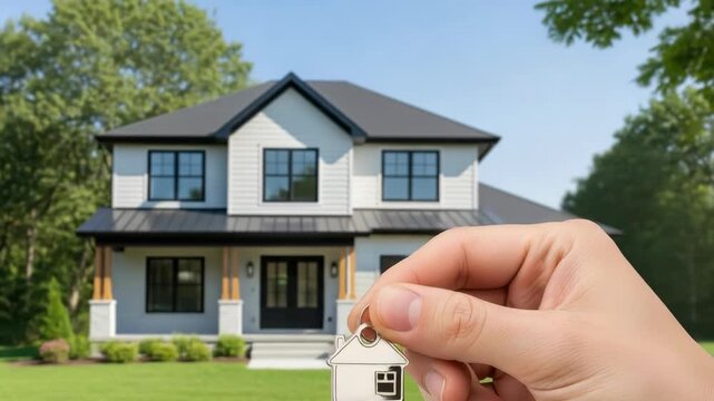 hand holds shiny house-shaped key in front of modern two-story white house with dark roof and window frames set against green lawn lush trees and clear blue sky