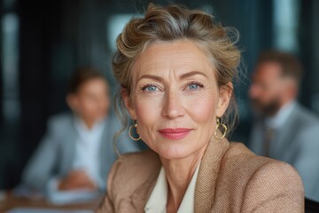 Sophisticated businesswoman at office meeting smiling at the camera