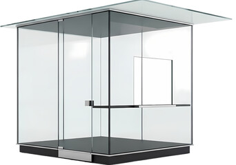 Modern glass structure with a transparent design, showcasing minimalist architecture in an urban setting