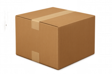 Cardboard box for packaging, delivering, and shipping goods, presenting a sealed carton with transparent background
