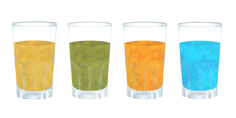 Set of Four Glass Glasses with Different Colored Liquid, Watercolor Illustration