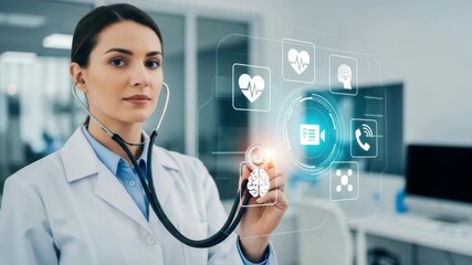 female medical professional in lab coat uses stethoscope engaging with glowing holographic interface showing health data icons like heart brain video and medical records - Powered by Adobe