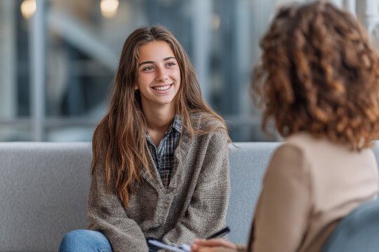 Teen girl consulting with a female college counselor