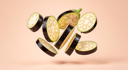 Eggplant slices floating in the air studio shot food photography.