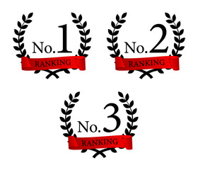 黒い月桂冠と赤いリボンのモダンなランキングエンブレムセット