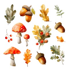 A seamless pattern with autumn leaves, berries, mushrooms, grass, and acorns. A warm-toned watercolor background.