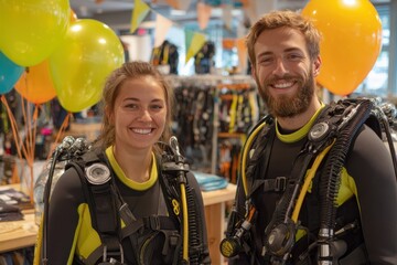 Two clients in contemporary diving gear with oxygen tanks in a store