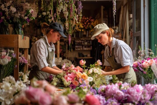 Two women designing floral displays in a store - Powered by Adobe