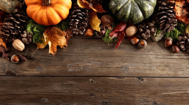 Fall's bounty: a rustic medley of pumpkins, leaves, and pinecones. Strong contrast. Subtle autumn shift: an elegantly arranged harvest display. Rule thirds. Sharp image.