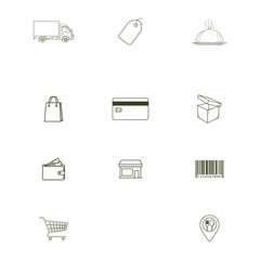 Online shopping icons set, minimalist style, delivery truck, credit card and barcode