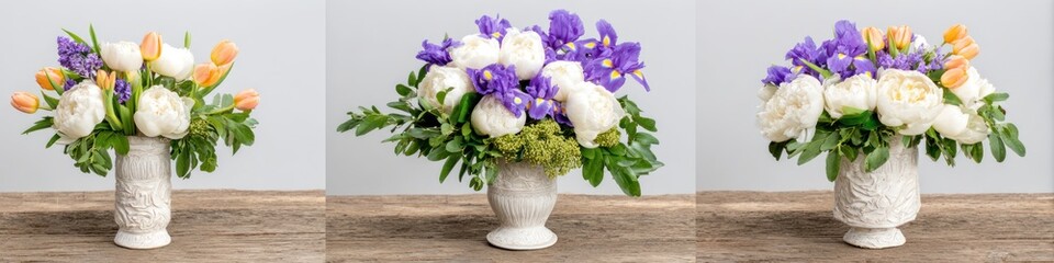 Obraz premium Floral arrangements with various colorful flowers in white vases on display
