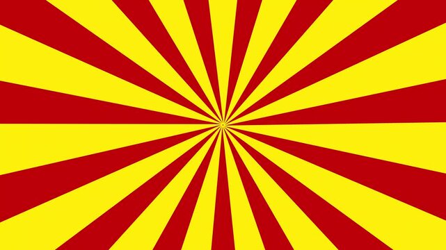 Abstract radiating striped motion background with rotating sunburst pattern. Retro Light maroon and yellow rays perfect for vibrant pop art and optical motion visuals.