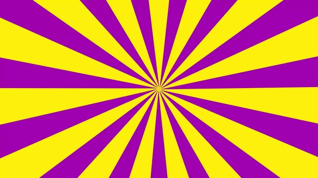 Retro striped sunburst animation with purple and yellow rays rotating in motion. Abstract pop art background ideal for dynamic video design, vintage, and optical visuals.