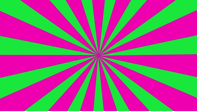 Abstract pop art-style retro sunburst with radiating Dark pink and light green  stripes. Rotating rays create dynamic motion background ideal for design, video, or optical illusions.