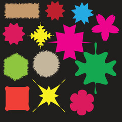 Set of bright colorful geometric and abstract shape doodles with stars bursts flowers, zigzag edges and irregular forms on dark background for decoration poster design and creative graphic artwork