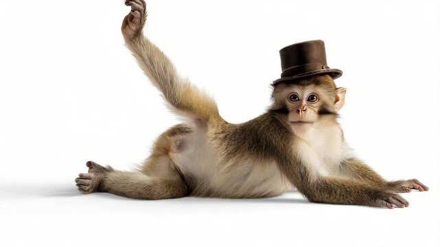 Monkey wearing a hat poses playfully in a studio setting