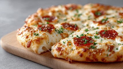 Fresh Pepperoni Pizza on Wooden Board with Melted Mozzarella Cheese and Parsley Flakes against Gray Background in Warm Light Top View