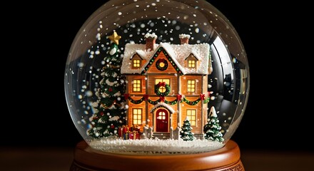A christmas snow globe with a house and tree inside falling snow