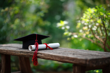 A graduation cap resting on a wooden bench, symbolizing academic success with a soft background. wellbeing guides.