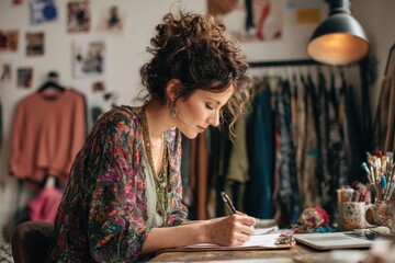 Woman designer drafting notes in home office