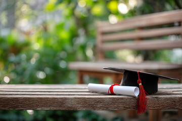 A graduation cap resting on a wooden bench, symbolizing academic success with a soft background. wellbeing guides.