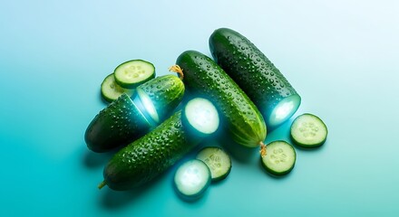 Arrangement of cucumbers with glowing cuts on a blue background