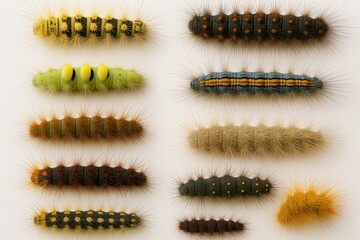 Vivid macro lineup of colorful caterpillars arranged on clean white background showcasing intricate patterns textures and biodiversity in striking natural detail