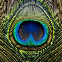Obraz premium A detailed macro shot of the iridescent, complex pattern of a single peacock feather, filling the frame. Focus on vibrant colors and intricate textures. 