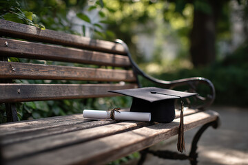 A graduation cap resting on a wooden bench, symbolizing academic success with a soft background. wellbeing guides.