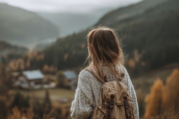 Woman in a sweater with a backpack observes nature tourism