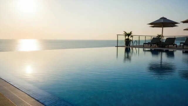exquisite infinity pool merges with the ocean horizon under warm glowing sky Sun loungers shaded by umbrellas and potted plants adorn the tiled deck framed by glass railing