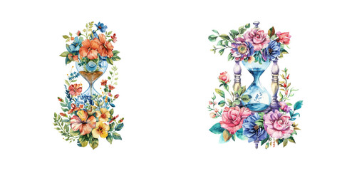 floral hourglass watercolor vector illustration