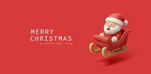 3D character of happy Santa on sleigh. Red banner with Merry Christmas and Happy New Year greetings.