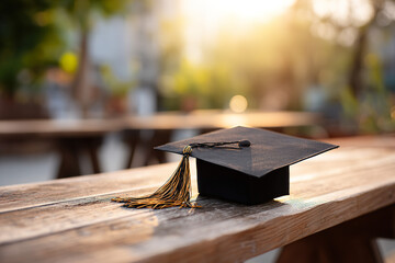 A graduation cap resting on a wooden bench, symbolizing academic success with a soft background. wellbeing guides.