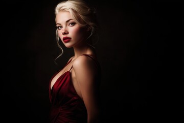 Naklejka premium Woman with blonde hair in a red dress against a dark backdrop