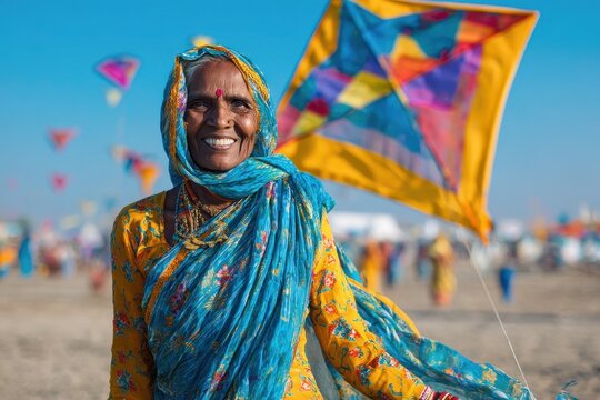Woman with a kite for India s Makar Sankranti festival also called Uttarayan