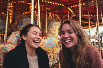 Obraz premium Women grinning carousel behind London UK