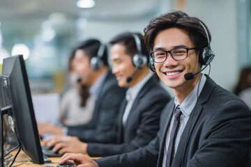 Young Asian male call center support agent using a headset and computer