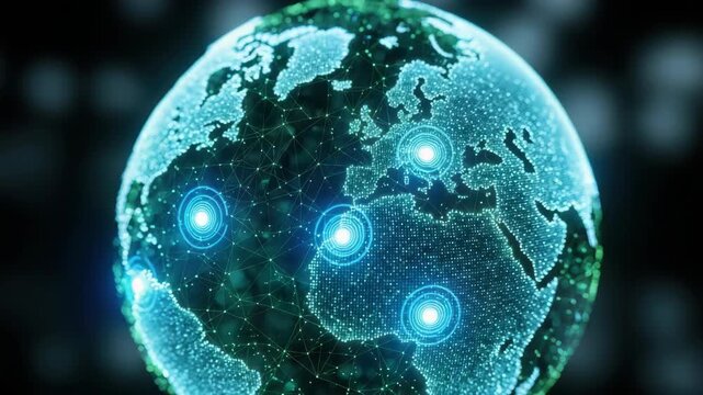 luminous digital globe detailed with glowing blue landmasses showcases vibrant green network of interconnected lines Multiple radiant blue target-like markers indicate global data points across its su - Powered by Adobe