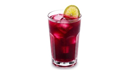 Refreshing red beverage with ice cubes and lime slice in a tall glass on a white background.