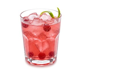 Refreshing pink cocktail with ice and cherries, garnished with lime peel on a white table.