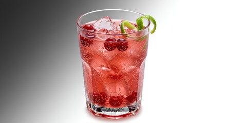 Refreshing cranberry cocktail with ice and lime garnish against soft gradient backdrop.