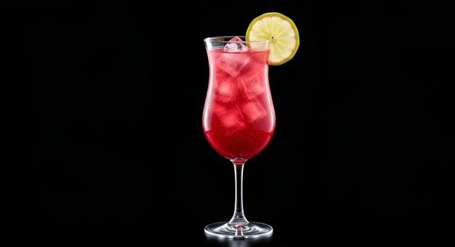 A refreshing red cocktail with ice cubes and a lemon slice against a dark background.