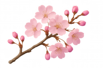Pink sakura cherry blossom branch, blooming delicate spring flowers and opening buds on transparent background
