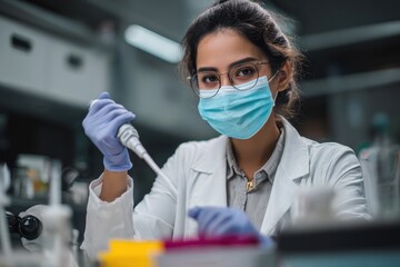 Young Hispanic woman in lab coat and mask using pipette in a lab