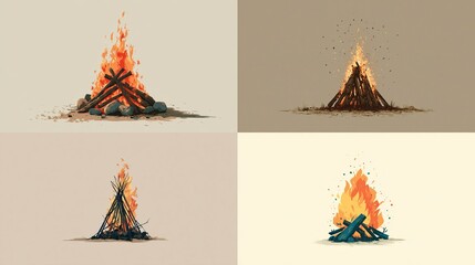 Four illustrations of bonfires, each with varying flame shapes and wood pile arrangements, on earth-toned backgrounds